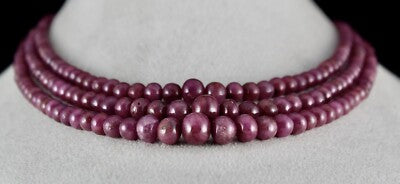 Certified Natural Ruby 444 Ct Beads Round 3 Line Gemstone Beaded Necklace