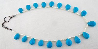 Turquoise Magnesite Faceted Tear Drop Beads Necklace 205 Cts Sterling Silver
