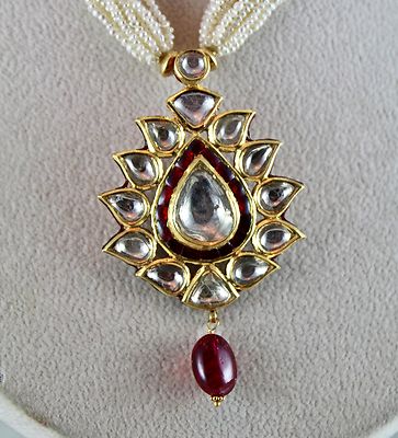 Certified Flat Big Natural Diamond 10ct Spinel Pearl 22k Gold Jadau Necklace