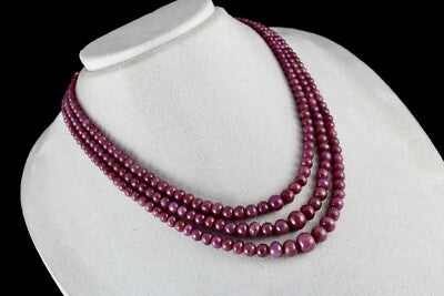 Certified Natural Ruby 444 Ct Beads Round 3 Line Gemstone Beaded Necklace