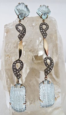 Certified 18k Gold Sterling Silver Natural Diamond Blue Aquamarine 92ct Earrings