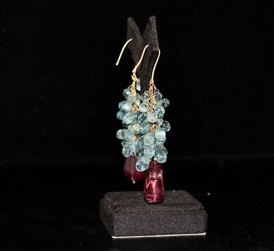 Certified Natural Aquamarine 105ct Rubellite Pink Tourmaline 18k Gold Earrings