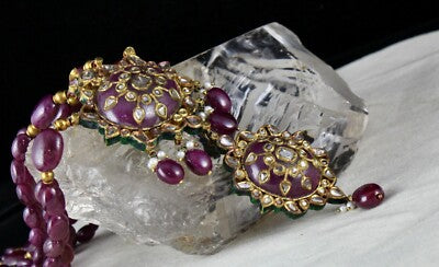 Certified Natural Ruby 600ct Natural Diamond 18k Gold Jadau Antique Necklace