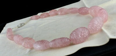 Certified Big Natural Rose Quartz 1488ct Carved Beads Sterling Silver Necklace