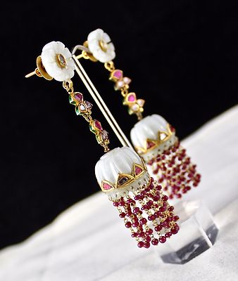 Persian Nephrite Jade 137ct 22k Gold Ruby Natural Diamond Jhumki Earrings