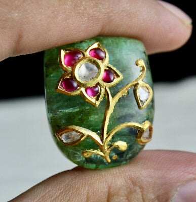 Certified Natural Emerald Cabochon 59ct Natural Diamond Ruby 22k Gold Gemstone