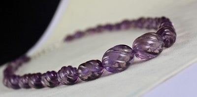 Natural Amethyst 552 Ct Beads Carved Sterling Silver Classic Necklace