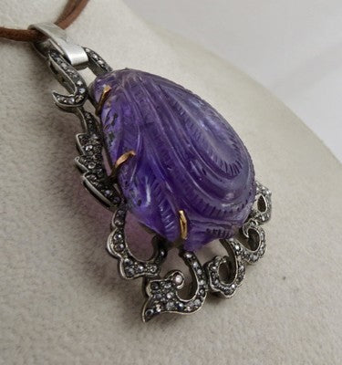 Certified Antique Old Amethyst 139ct Natural Diamond Victorian Pendant 18k Gold