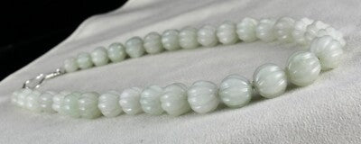 Natural Aventurine Jade 568 Ct Carved Melon Gem Beads Sterling Silver Necklace
