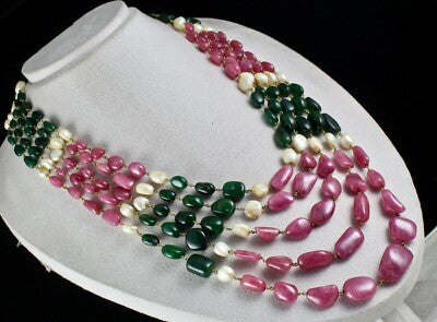 Certified Antique Natural Ruby 1196ct Emerald Pearl 18k Gold Necklace For Women