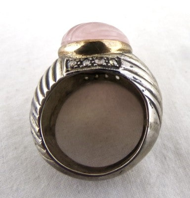 18k Gold Natural Diamond Rose Quartz 83ct Carved Sterling Silver Victorian Ring