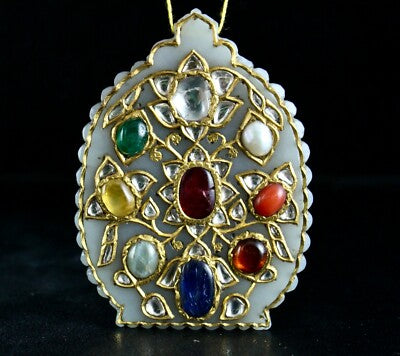Certified Old Nephrite Jade 10ct Navratan Stone Natural Diamond 22k Gold Pendant