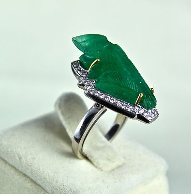 Certified Natural Emerald 10ct Leaf Carved Natural Diamond 18k Gold Antique Ring
