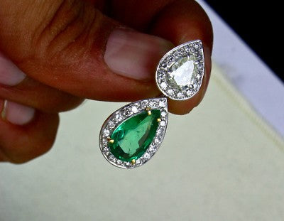 Certified Natural Zambia Emerald 54ct Natural Diamond Pear Cut 18k Gold Earrings