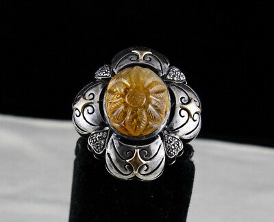 Antique Yellow Citrine 10ct Natural Diamond 18k Gold 925 Silver Victorian Ring
