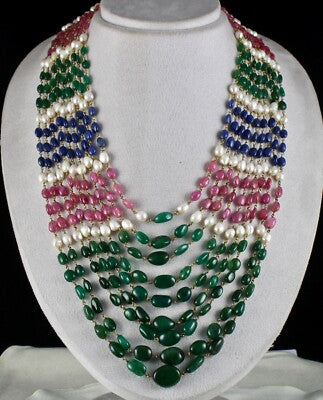 Certified Natural Ruby 976ct Blue Sapphire Emerald Pearl 18k Gold Necklace