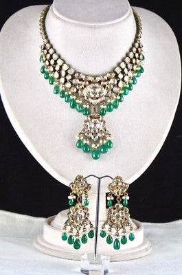 Certified Natural Diamond Pearl Emerald Meena 22k Gold Necklace Earring Set 10ct