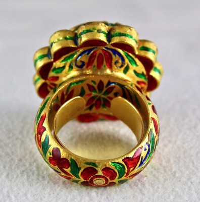 Certified Natural Emerald Ruby Cabochon Natural Diamond 22k Gold Jadau Ring