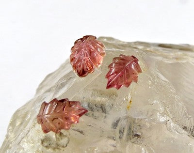 Natural Pink Tourmaline Carved Leaves 8.17 Ct Gemstone Set, Earring Pendant 3 Pc
