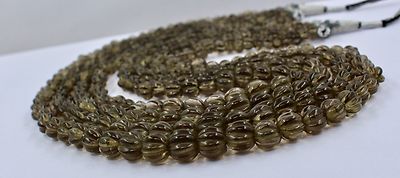 Natural Smoky Quartz Carved Beads Melon Necklace 762 Ct Antique Gemstone