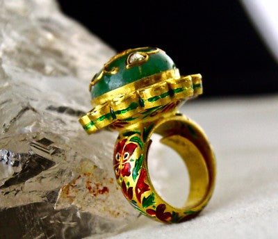 Certified Natural Emerald Ruby Cabochon Natural Diamond 22k Gold Jadau Ring