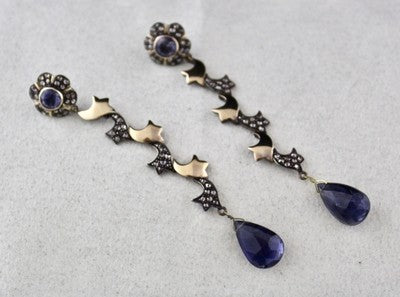 Natural Blue Iolite 10+ Ct Natural Diamond 18k Gold Sterling Silver Earrings