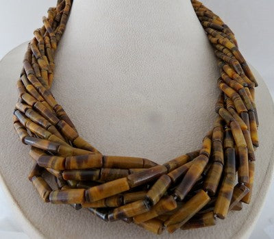 22" Natural Tiger's Eye Tube Beads Necklace 918 Carats 12 Line Gemstone