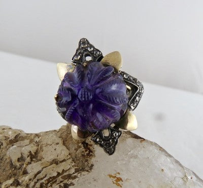 Antique Amethyst Natural Diamond 55ct 18k Gold Sterling Silver Victorian Ring