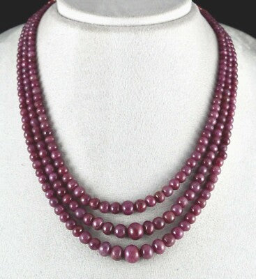 Certified Natural Ruby 444 Ct Beads Round 3 Line Gemstone Beaded Necklace