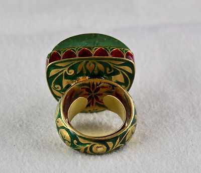 Certified Vintage Natural Emerald Cabochon Natural Diamond 22k Gold Ring