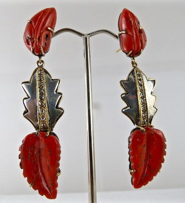 Natural Coral 19.50ct Sterling Silver Natural Diamond 18k Gold Earrings