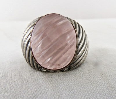 18k Gold Natural Diamond Rose Quartz 83ct Carved Sterling Silver Victorian Ring