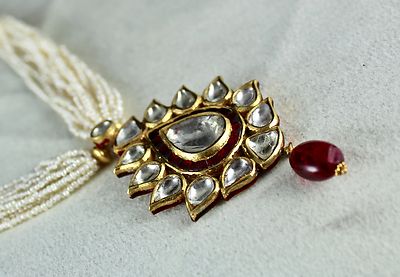 Certified Flat Big Natural Diamond 10ct Spinel Pearl 22k Gold Jadau Necklace