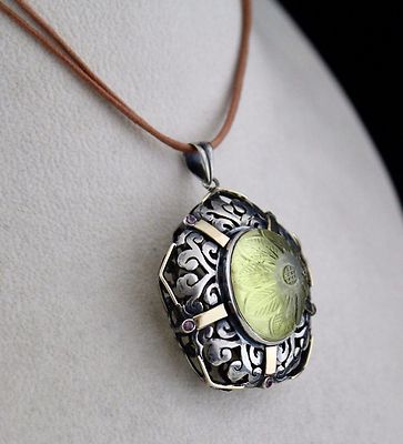 Natural Lemon Quartz 50ct Garnet Cut 18k Gold 925 Sterling Silver Carved Pendant