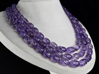 Certified Natural Amethyst Oval Carved Beads 1373 Ct Sterling Silver Necklace