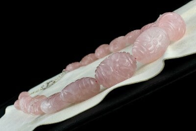 Certified Big Natural Rose Quartz 1488ct Carved Beads Sterling Silver Necklace