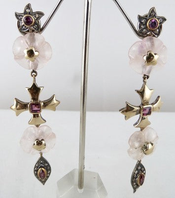 Certified Natural Rose Quartz 114.6ct Garnet Diamond Sterling Silver Earrings