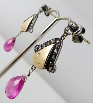 Victorian Dangle Earrings Natural Pink Tourmaline 10ct Sterling Silver 18k Gold