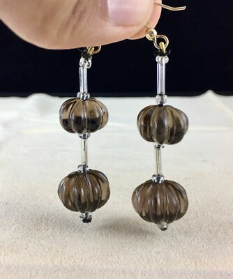 Natural Smoky Quartz Beads 62 Ct Melon Carved 4 Pcs Gemstone Earring Pair