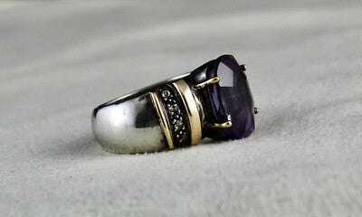 Antique Natural Amethyst 42.50ct 18k Gold Diamond Sterling Silver Victorian Ring