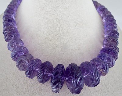 Certified Natural Amethyst 782ct Carved Beads Sterling Silver Vintage Necklace