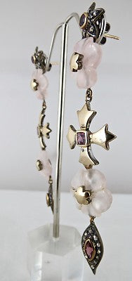 Certified Natural Rose Quartz 114.6ct Garnet Diamond Sterling Silver Earrings