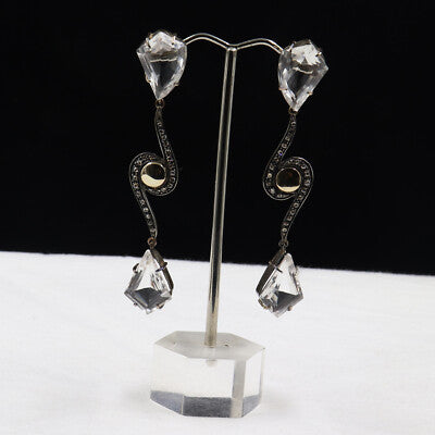 Natural Rock Crystal Quartz Diamond 71.44ct 18k Gold Sterling Silver Earrings