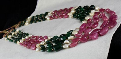 Certified Antique Natural Ruby 1196ct Emerald Pearl 18k Gold Necklace For Women