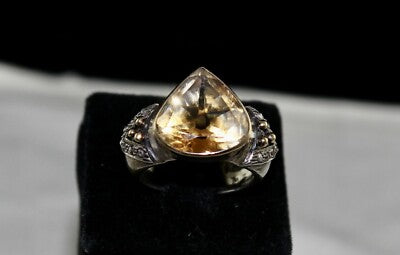 Vintage Natural Yellow Citrine 10ct Heart Cut Diamond 18k Silver Ring