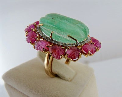 Certified Vintage Natural Emerald 10ct Ruby Carved Natural Diamond 18k Gold Ring