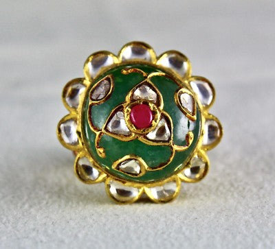 Certified Natural Emerald Ruby Cabochon Natural Diamond 22k Gold Jadau Ring