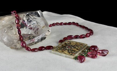 Certified Old Persian Jade Natural Diamond 10ct Tourmaline 18k Gold Pendant