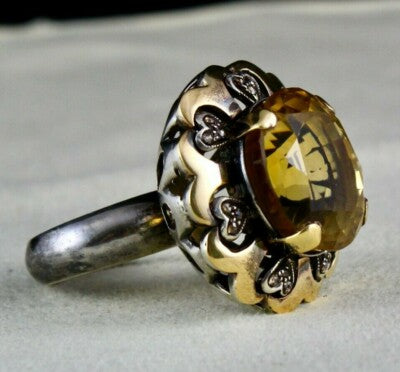 Certified Antique Victorian Ring Natural Diamond Citrine 18k Gold 925 Silver