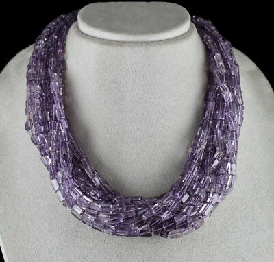 Natural Amethyst Tube Beads 1439 Carats Sterling Silver Gemstone Necklace